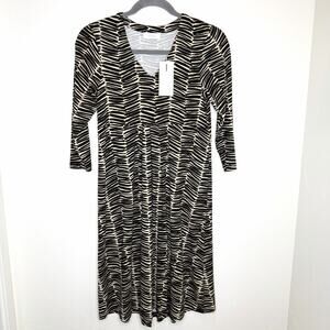 Noen Nordic 3/4 Sleeve Midi Dress Womens 8 EU 38 Black Tan Print Stretch